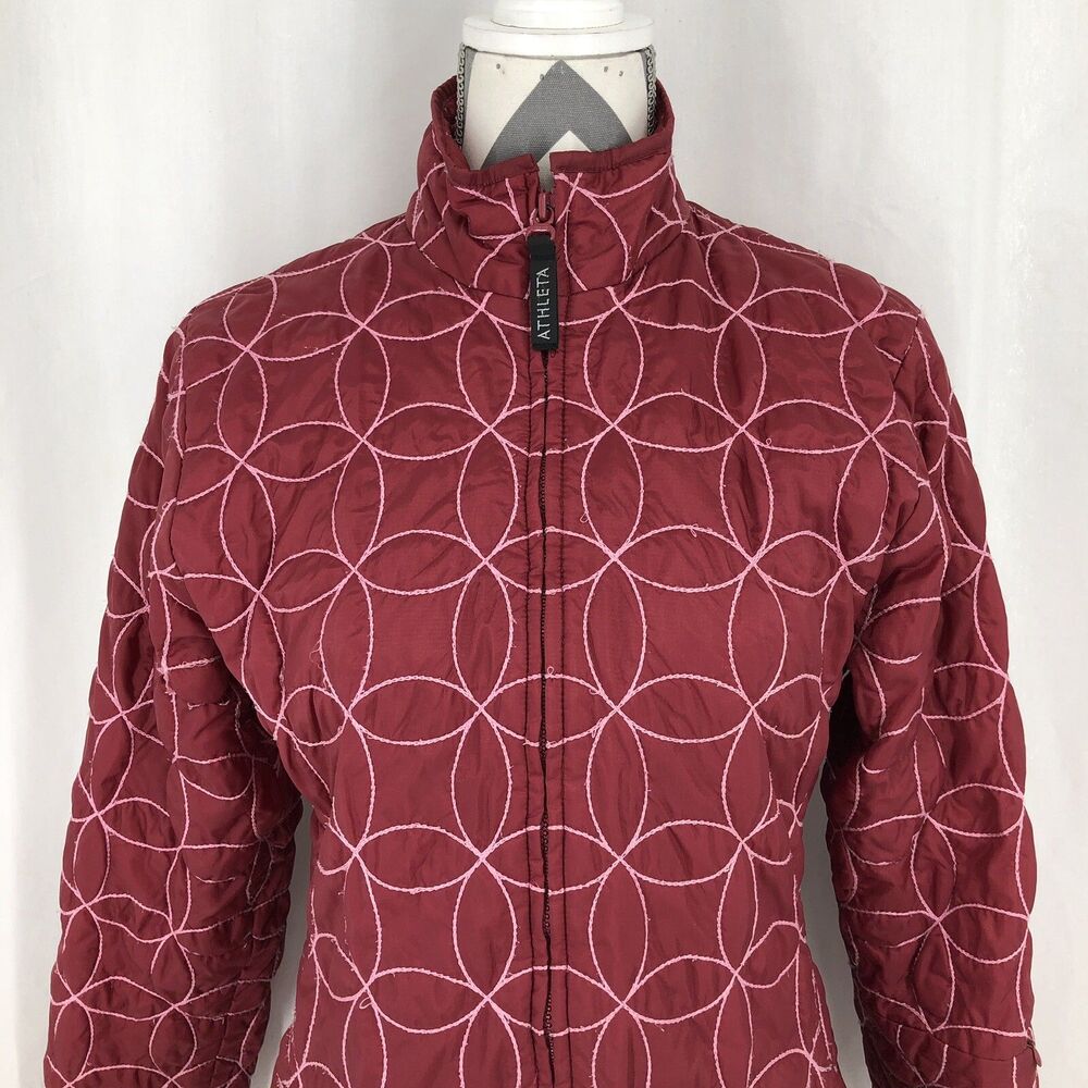 Athleta Circle Quilted Red Fleece Lined Full Zip Jacket Small